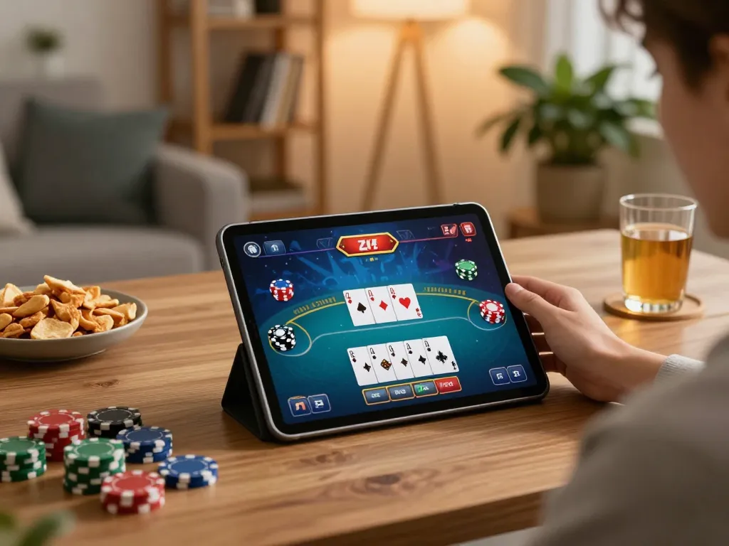 Engaging gameplay on HM88 tablet showcasing poker strategy in a cozy setting.