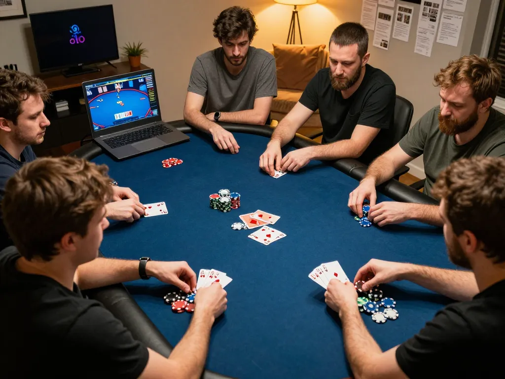 Engaging poker gameplay at home with GEM WIN strategy notes and players in action, creating a lively atmosphere.
