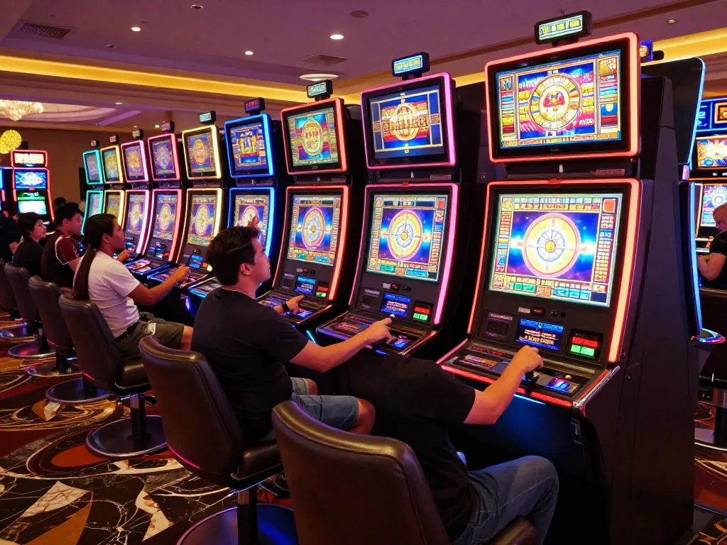 Play thrilling link slot machines at a bustling Las Vegas casino, with colorful displays and excited players.