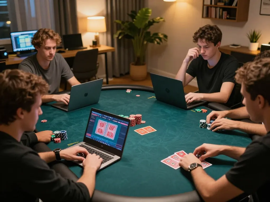 megaplus88 players engaged in intense online poker gameplay, showcasing strategy and focus in a cozy home environment