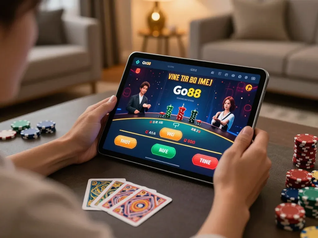 Player engaging in Go88's live dealer blackjack on tablet, showcasing immersive online gaming experience