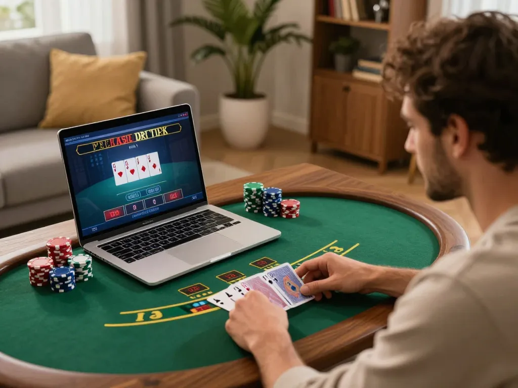 Player enjoying live blackjack on Juraganbet88 in a cozy home setting, highlighting engagement and focus.