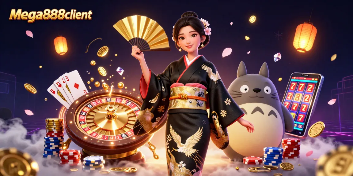 Play exciting casino games at mega888client with vibrant 3D characters and rich casino-themed elements.