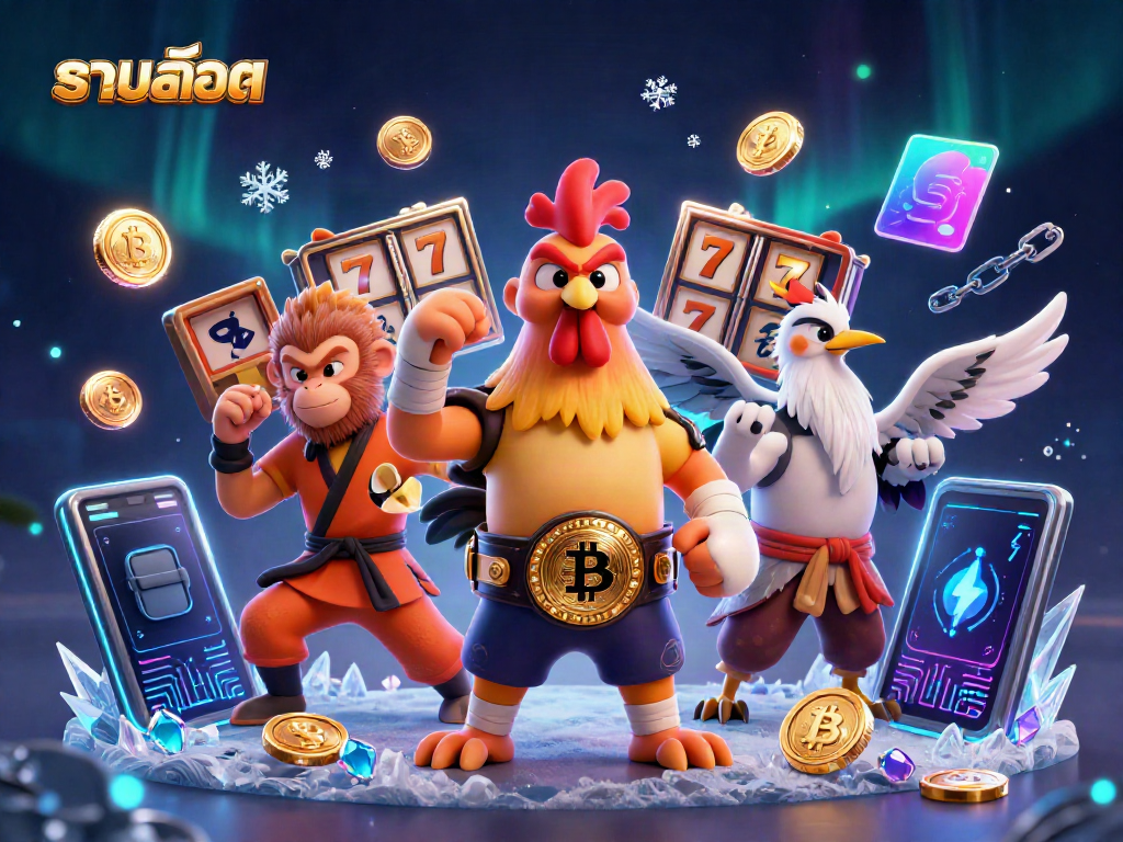 Experience thrilling รวมสล็อต action with vivid characters and dynamic gaming symbols in this casino-themed 3D scene.