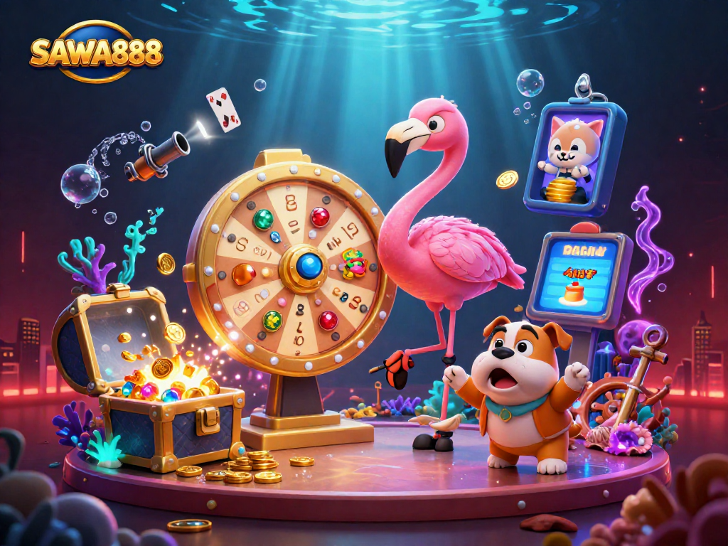 SAWA888 showcases an exciting game show scene with a host, dog contestant, and scoreboard cat amidst vibrant casino elements.