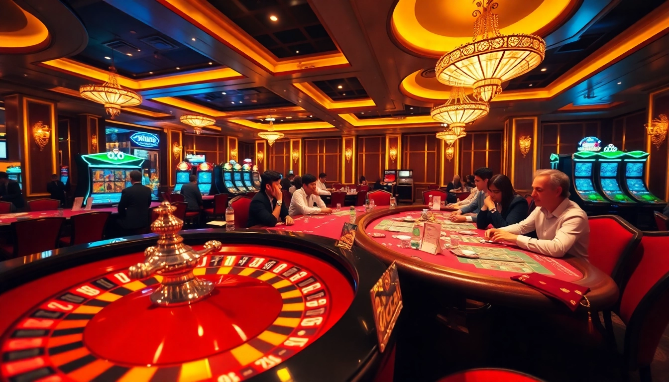 Experience the thrill of online gambling at https://xin88ac.app/ with players enjoying poker and roulette under luxurious lighting.