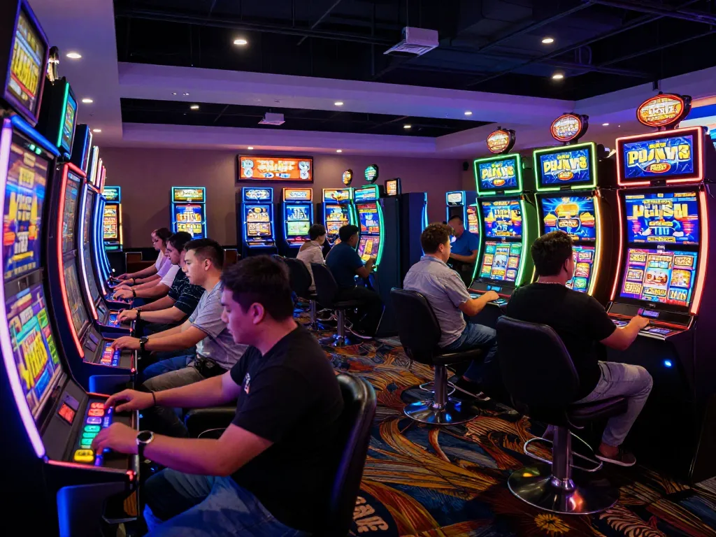 Players winning at slot pulsa machines in a colorful casino atmosphere