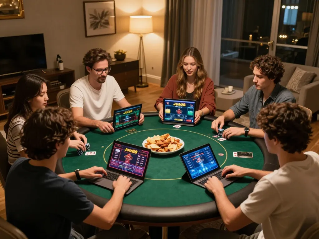 Players enjoy an online poker game at home using Jun88, engaged in an exciting atmosphere with friends.