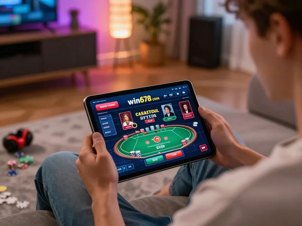 A player engaging with the win678 com online casino platform showcasing poker gameplay and strategic betting.