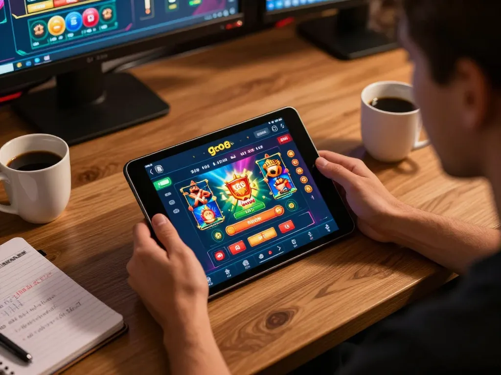 Engaging online gaming scene with a player using go8 com on tablet showcasing dynamic casino action.