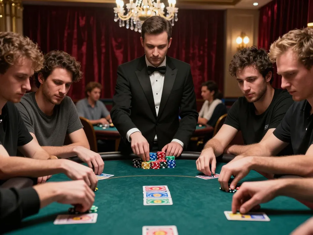 Players engage intensely in a poker game at RIKVIP casino, showcasing strategic betting and excitement