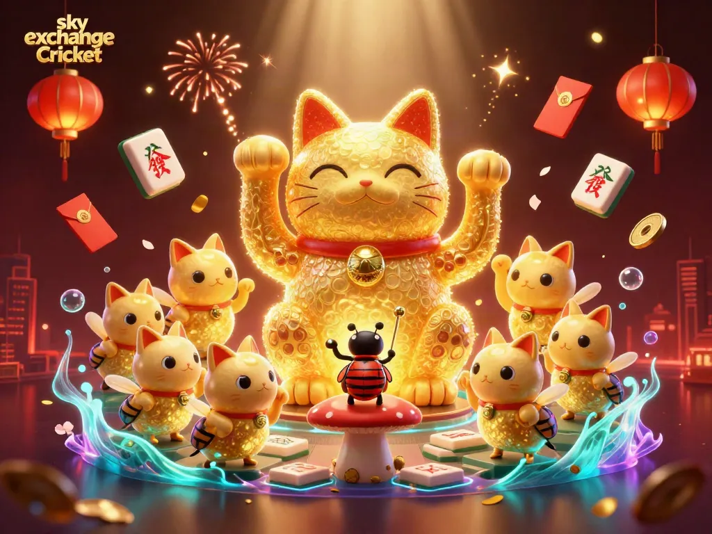 Engage in exciting sky exchange Cricket with a vivid 3D illustration showcasing a lucky cat and dynamic casino elements.
