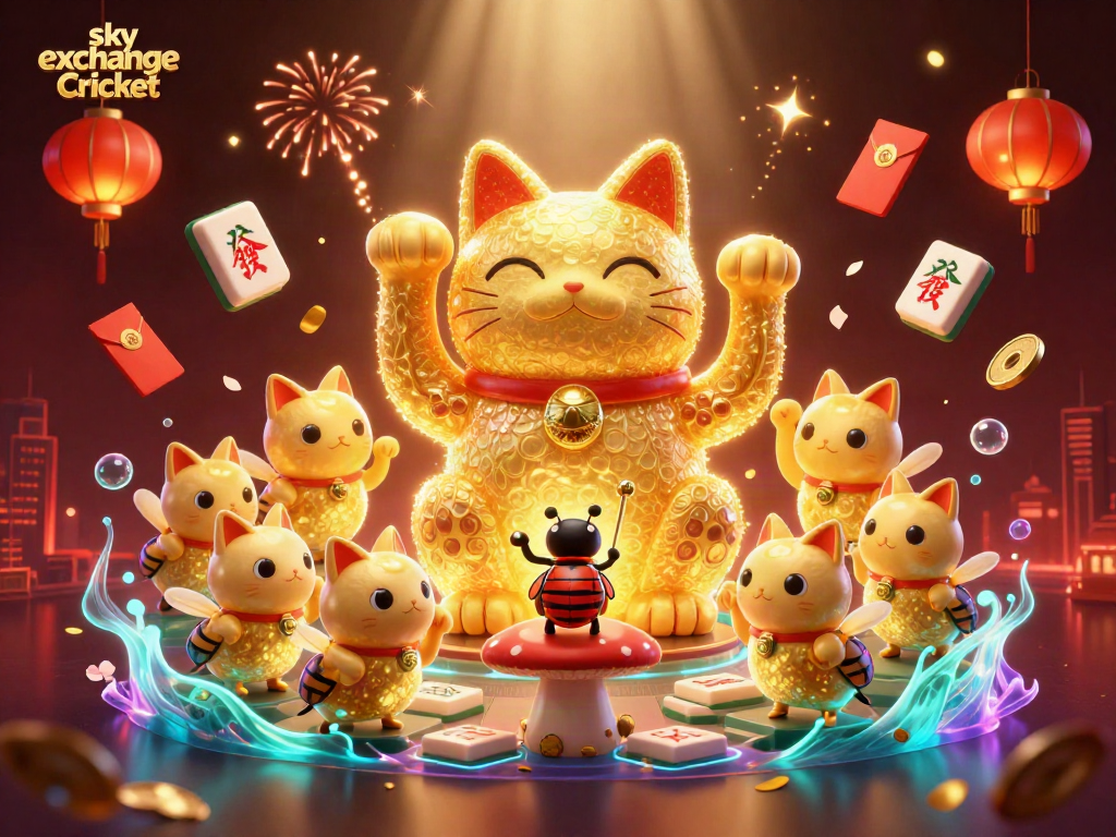 Engage in exciting sky exchange Cricket with a vivid 3D illustration showcasing a lucky cat and dynamic casino elements.