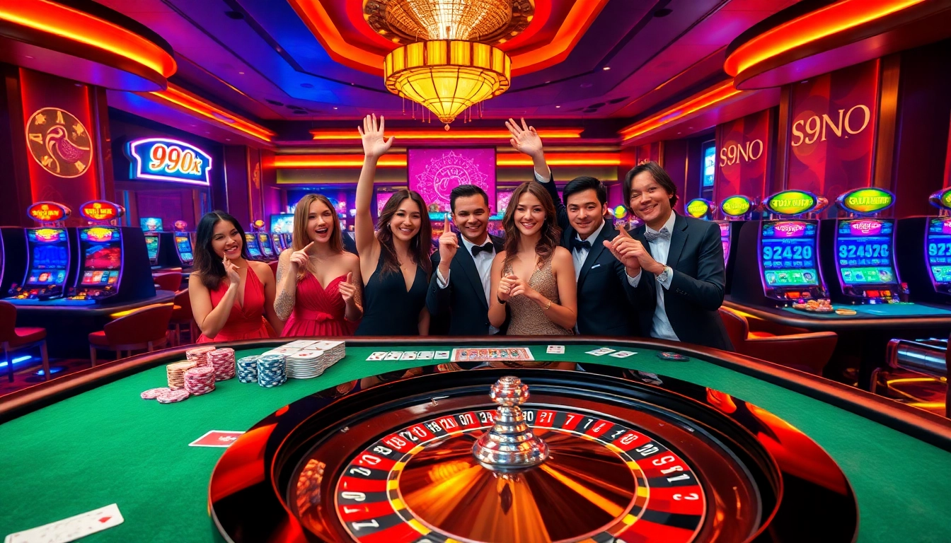 Players celebrate their wins at 99ok's vibrant casino, featuring roulette and poker tables.