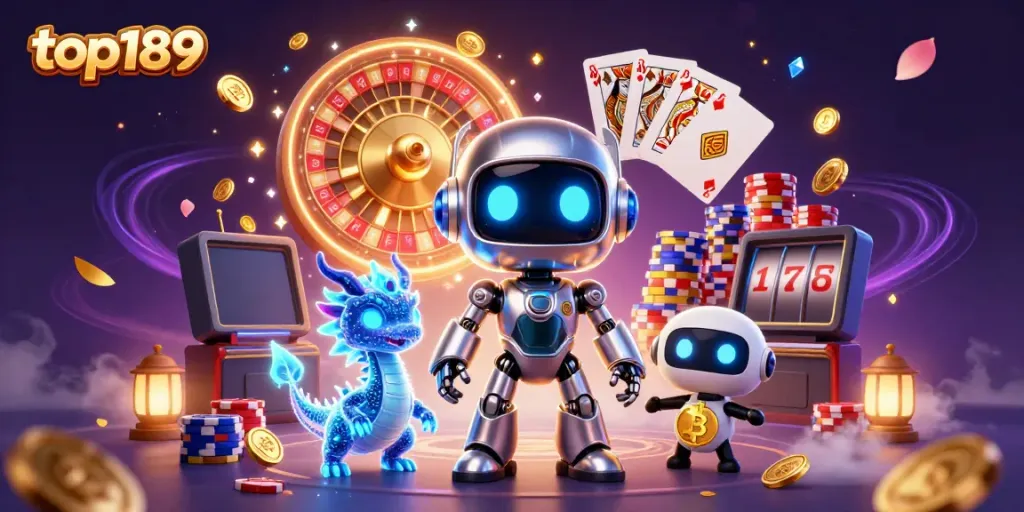 Win big at top189 with our captivating digital casino scene featuring vibrant characters and gaming elements.