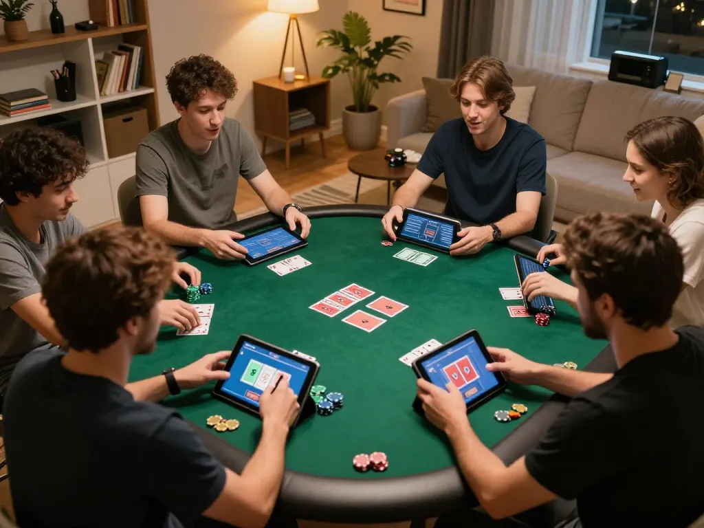 cm88 players engaged in intense online poker game on their tablets in a cozy home setting