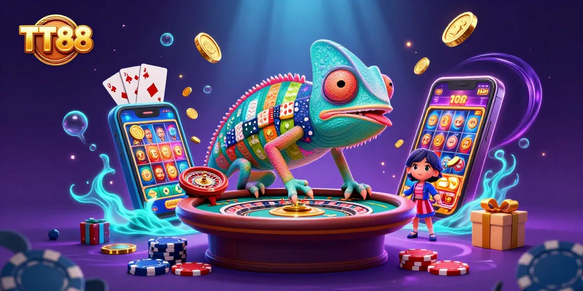 Engage with TT88's vibrant chameleon casino owner amidst dynamic game elements and golden coins.