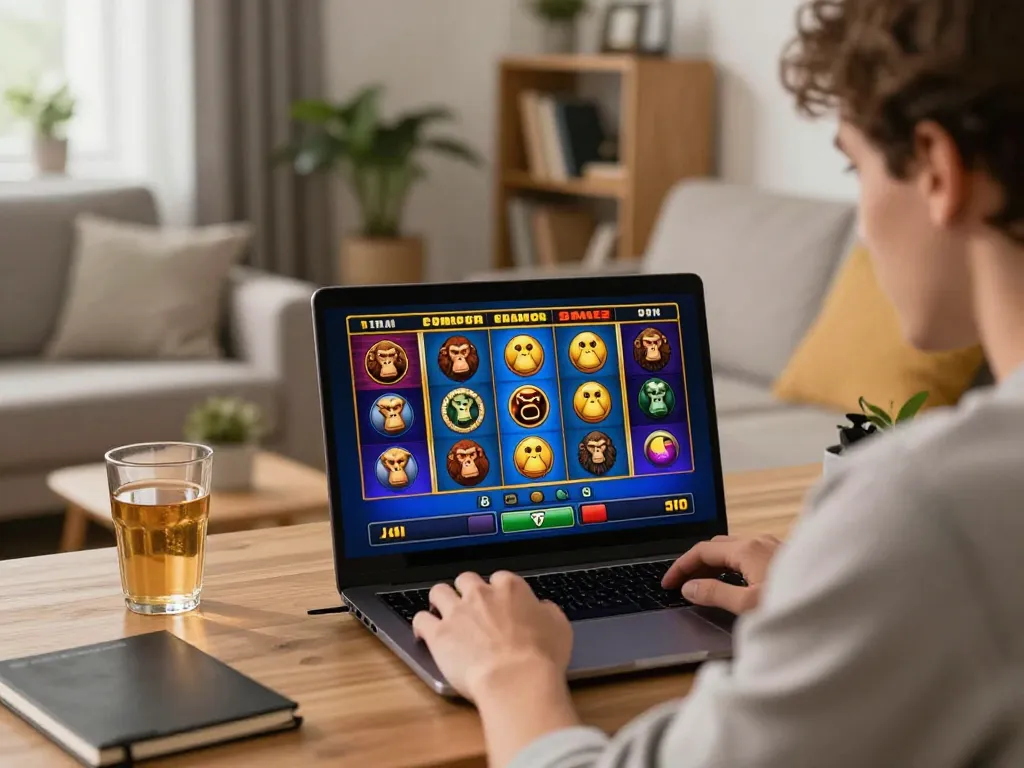 situs slot gacor player spinning reels on online slot game in cozy home setting