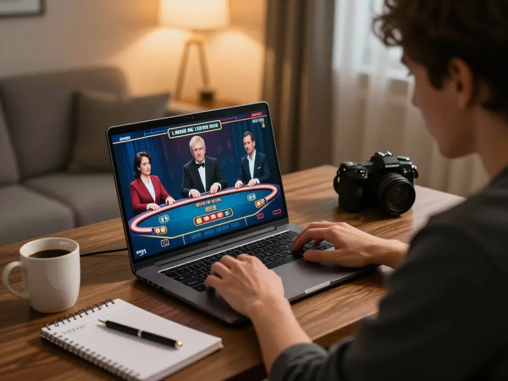 Player enjoying mm88 live dealer game on laptop at home, illustrating responsible gaming.