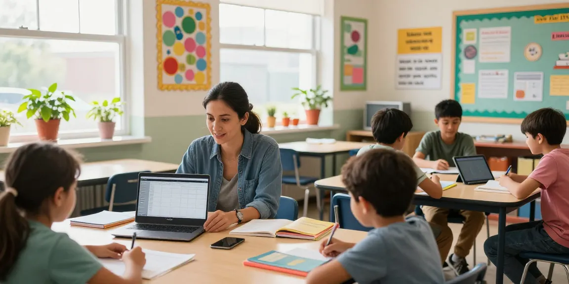 Teacher using EMStudio, an online teacher planner, in a vibrant classroom with students engaged.
