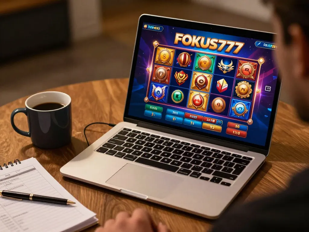 Playing FOKUS777 slot game online with strategy notes and coffee in a cozy setting.