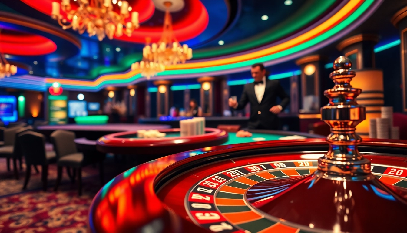 Spiele im casino-spiele de mit lebendiger Roulette und Pokertisch in luxuriösem Casino-Ambiente.