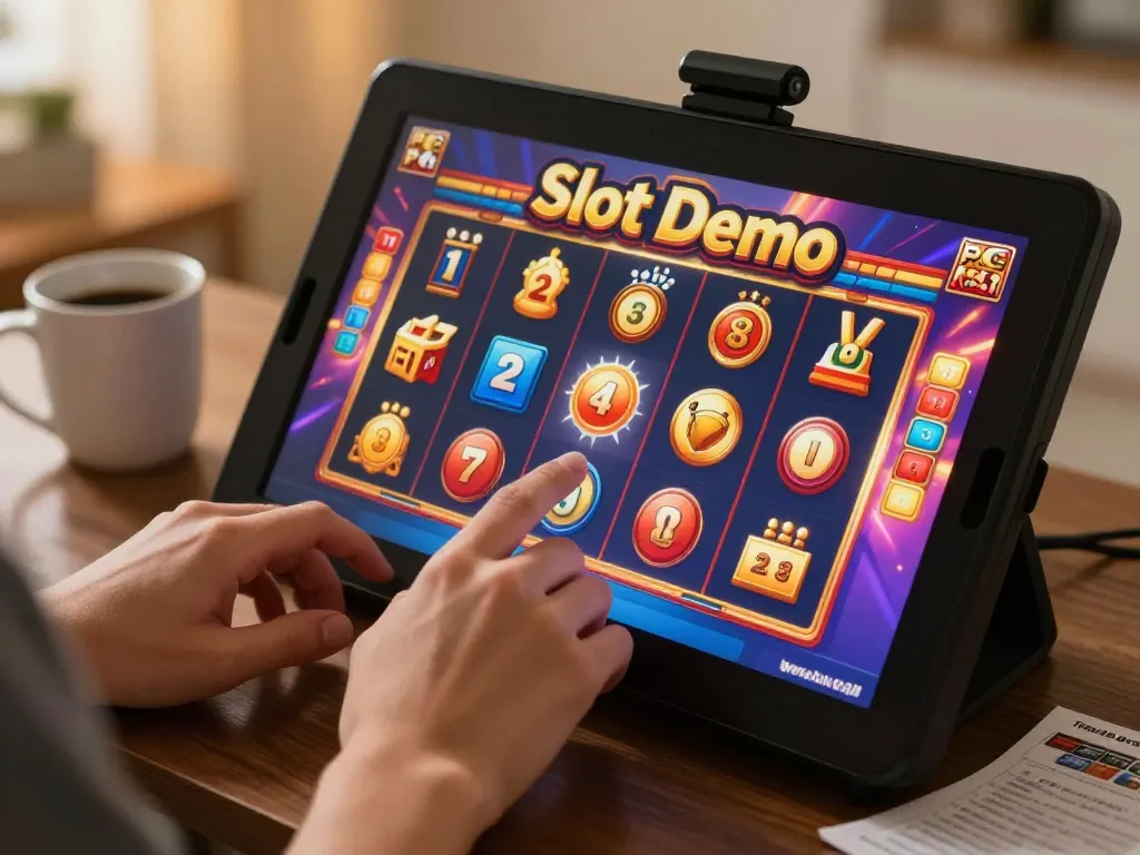 Moment menarik bermain Slot Demo PG Soft Mirip Asli di perangkat layar sentuh, menampilkan simbol slot yang berwarna-warni dan atmosfer kemenangan.