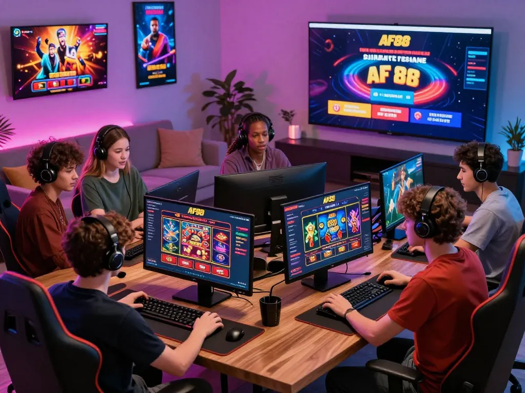 Engaged players enjoying AF88 vip gaming experience with colorful graphics and devices.
