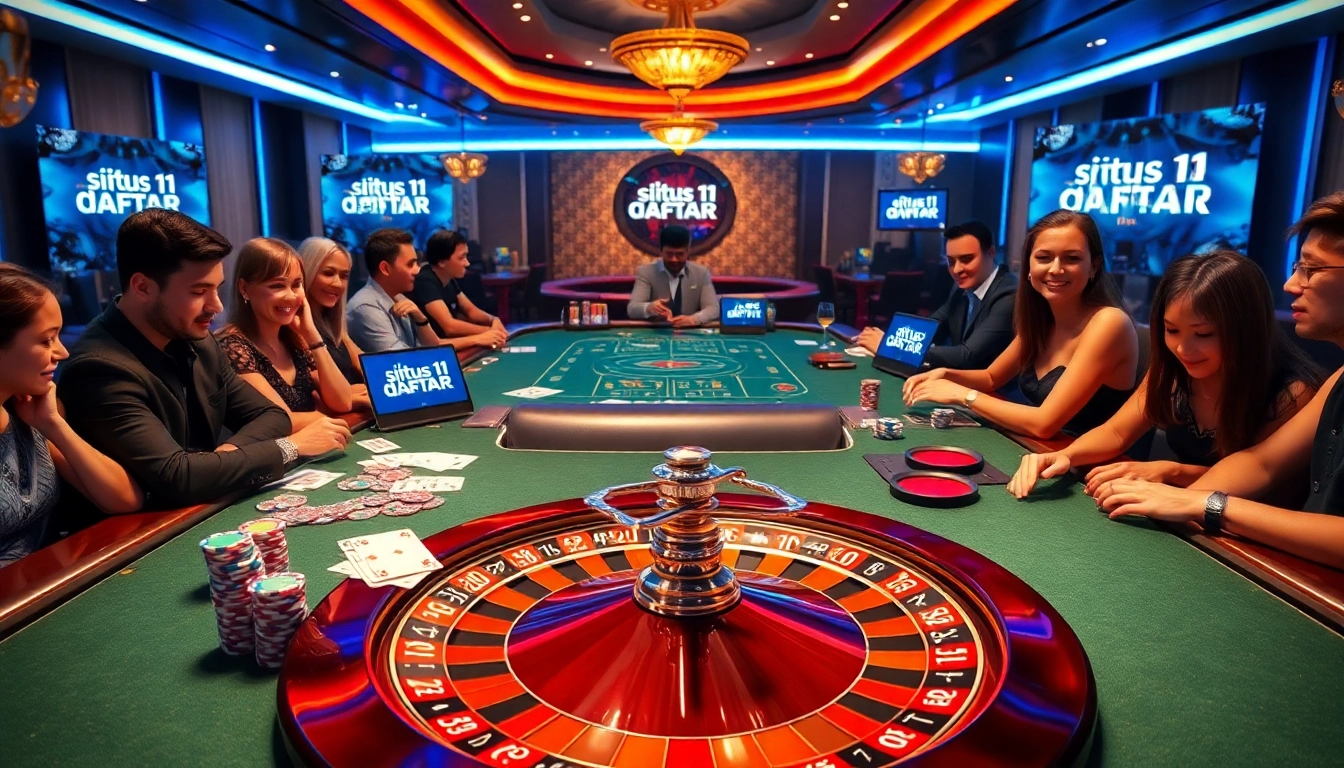 Engaging players at a luxurious table showing situs11 daftar with vibrant poker chips and cards.