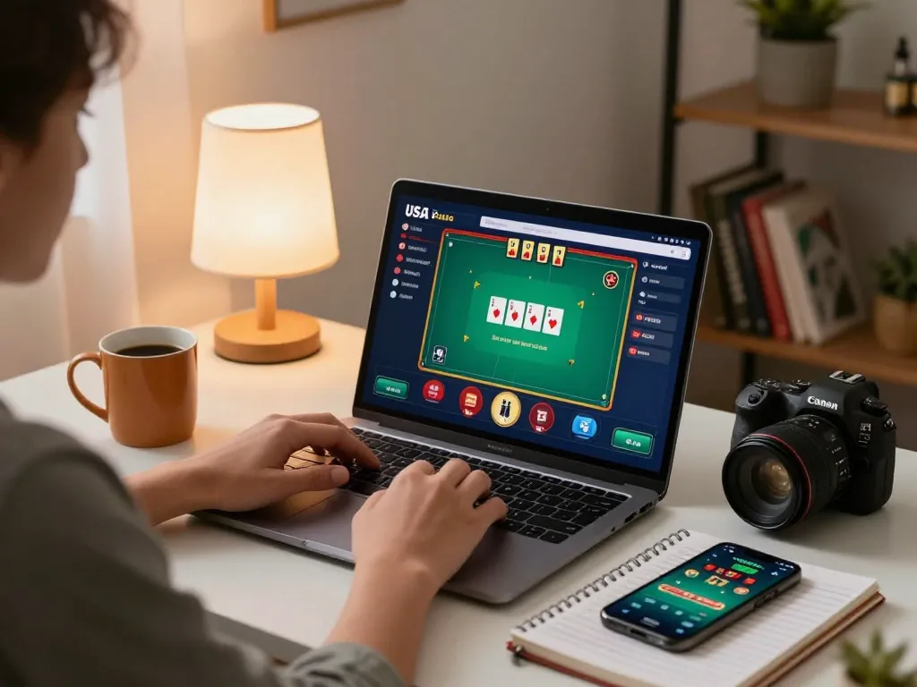 Playing poker on online USA casinos from a cozy home setting with gaming strategies noted in a notebook.