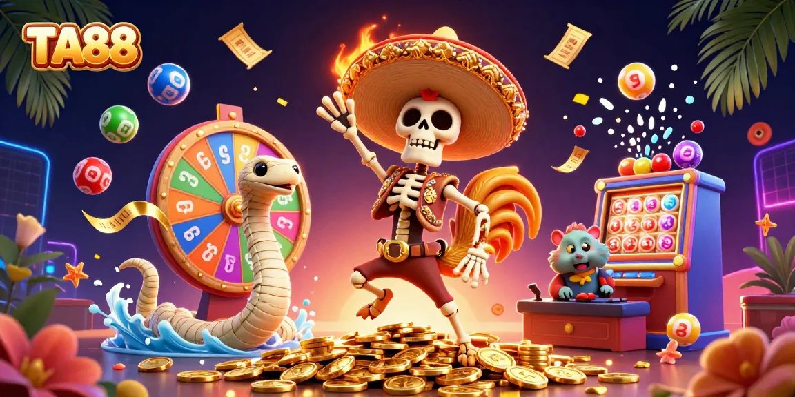 TA88 casino illustration with vibrant characters celebrating on a pile of golden coins.