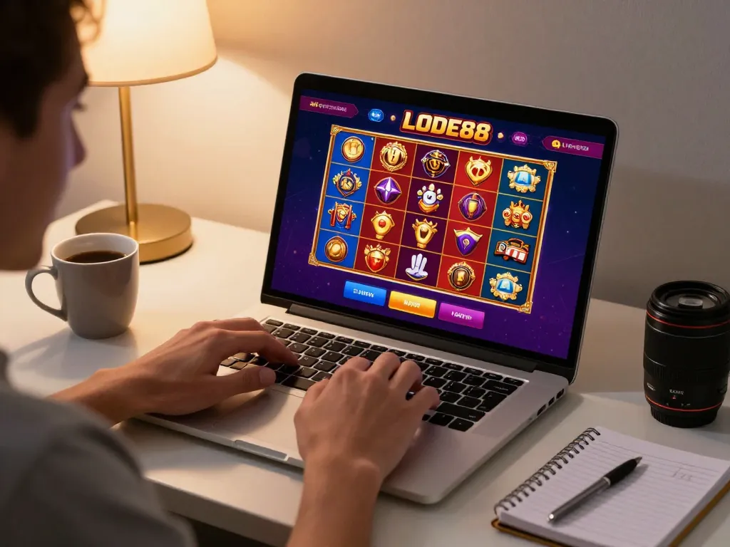 Player enjoying LODE88 online casino on laptop, showcasing vibrant gaming interface in cozy setting.