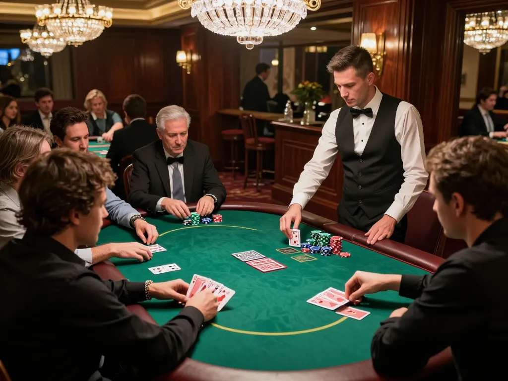 Players strategizing their bets at a rik vip poker table in an upscale casino.