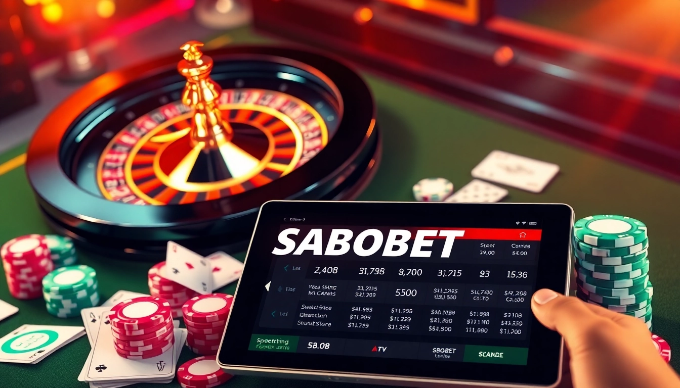SBOBET showcases a luxurious casino environment with roulette, poker chips, and live betting interface.