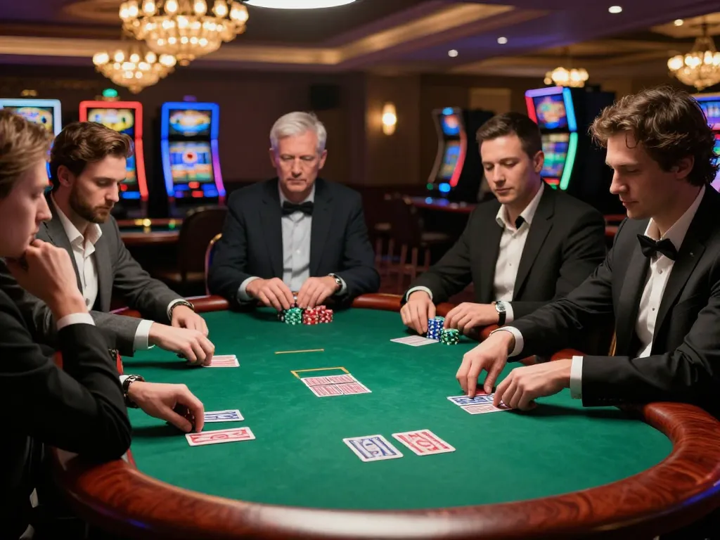 Engaged players strategizing at a high-stakes poker table as they contemplate moves at the 988slot casino.