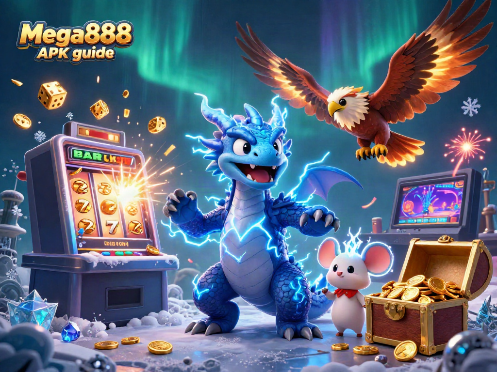 Experience the Mega888 APK guide with vibrant characters and dynamic casino elements in this illustration.