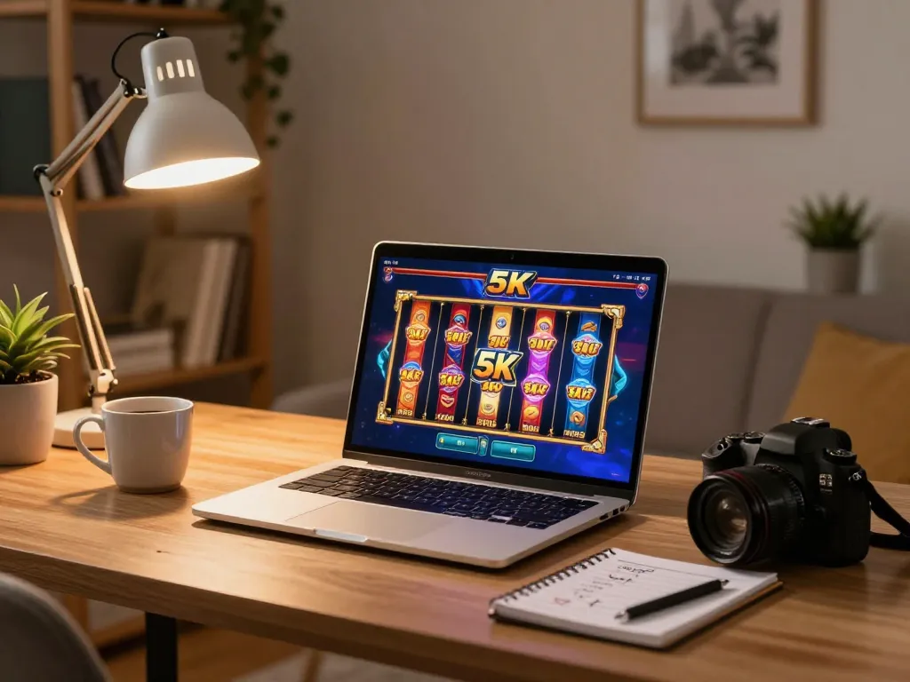 Engaged player using the slot 5k interface on a laptop during online gaming session in home setting.