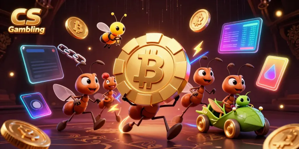 Experience CS Gambling with a humorous 3D ant heist, golden poker chip and crypto elements.