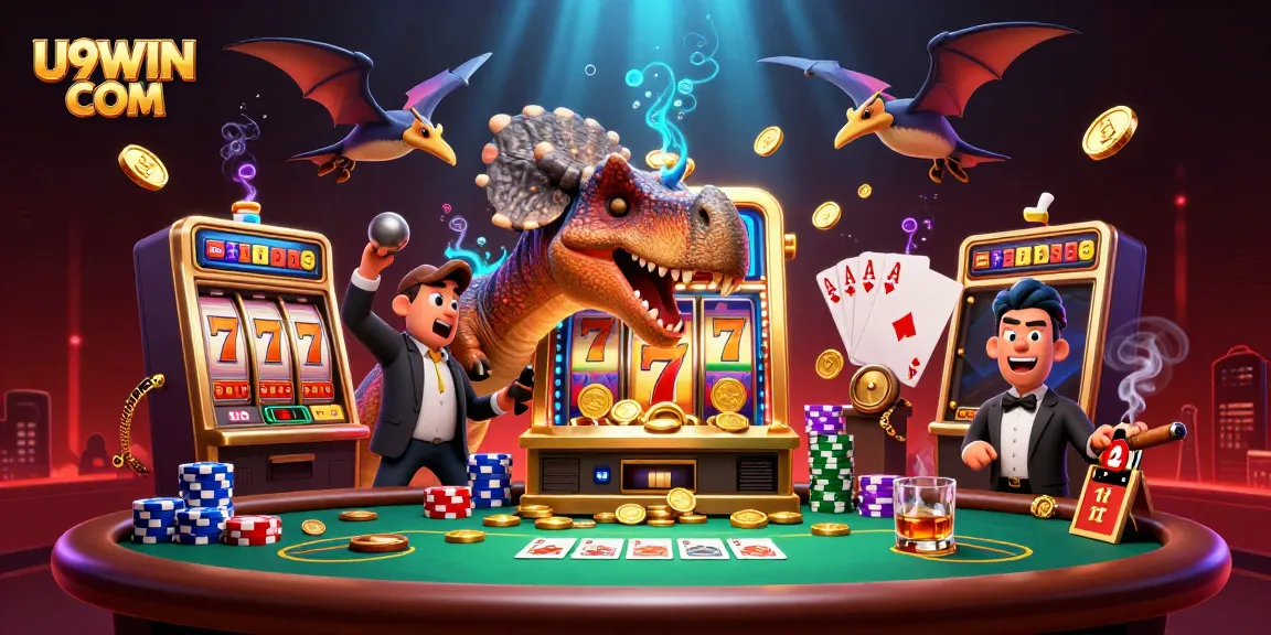 Engaging scene of U9WIN COM casino characters amid slot reels and poker chips, showcasing lively jackpot action.