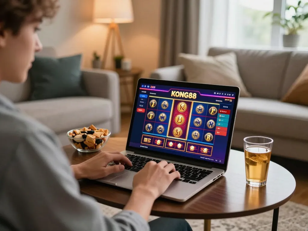 KONG88 player enjoying a lively online slot game experience at home.