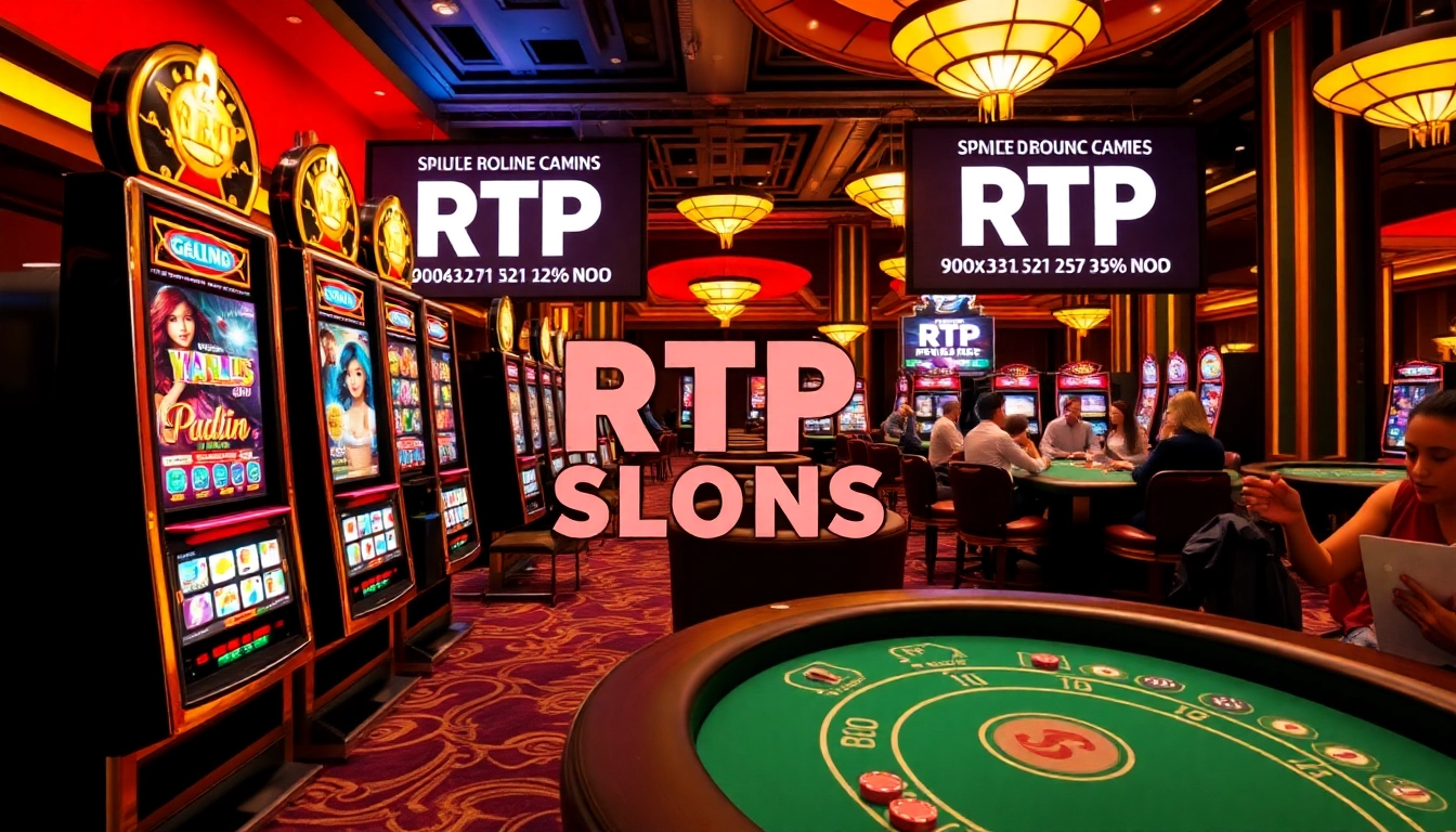 Players engaging with RTP Slot machines at a vibrant casino, showcasing excitement and luxury.