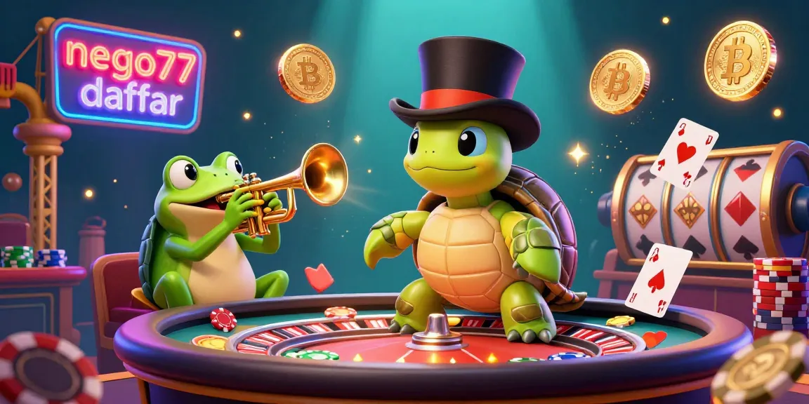 Experience the gaming excitement with nego77 daftar at the vibrant gambling scene featuring a turtle and frog.
