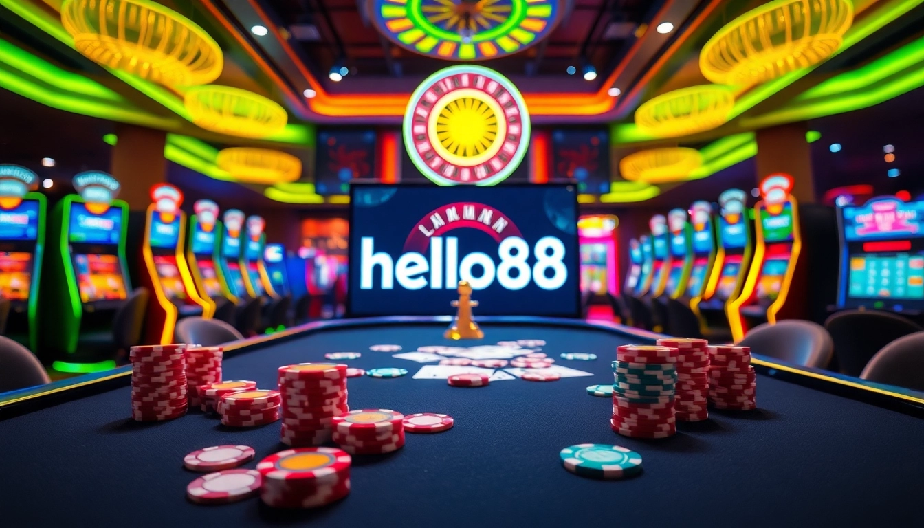 Experience the thrill of gambling at hello88 with immersive casino visuals, poker tables, and slot machines.