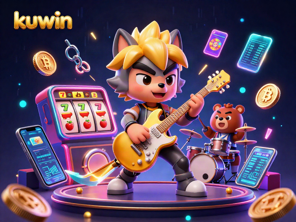 Kuwin showcases a vibrant online casino scene with a rock star wolf and a drummer bear in action.
