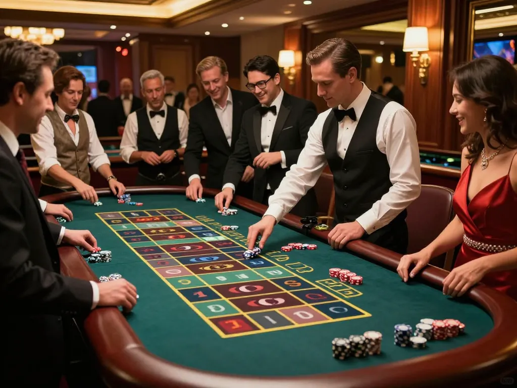lc88 players excitedly betting at a roulette table in a vibrant casino setting.