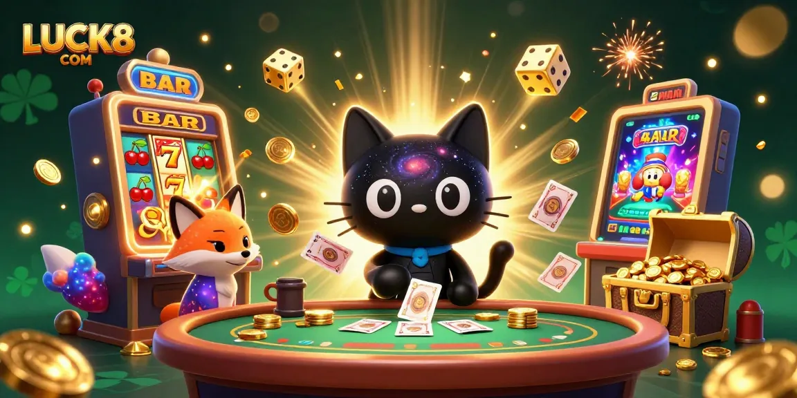 Engage with LUCK8 COM's vibrant cosmic casino featuring a black hole cat and nebula fox.