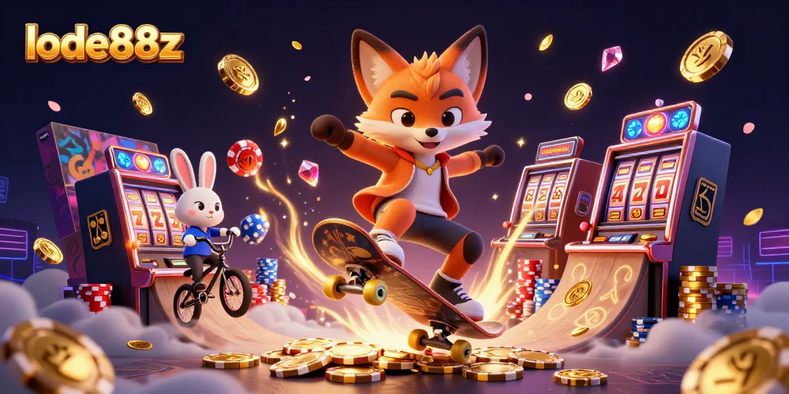 Lode88z showcases an energetic gambling scene with cartoon fox and rabbit performing tricks around colorful casino elements.