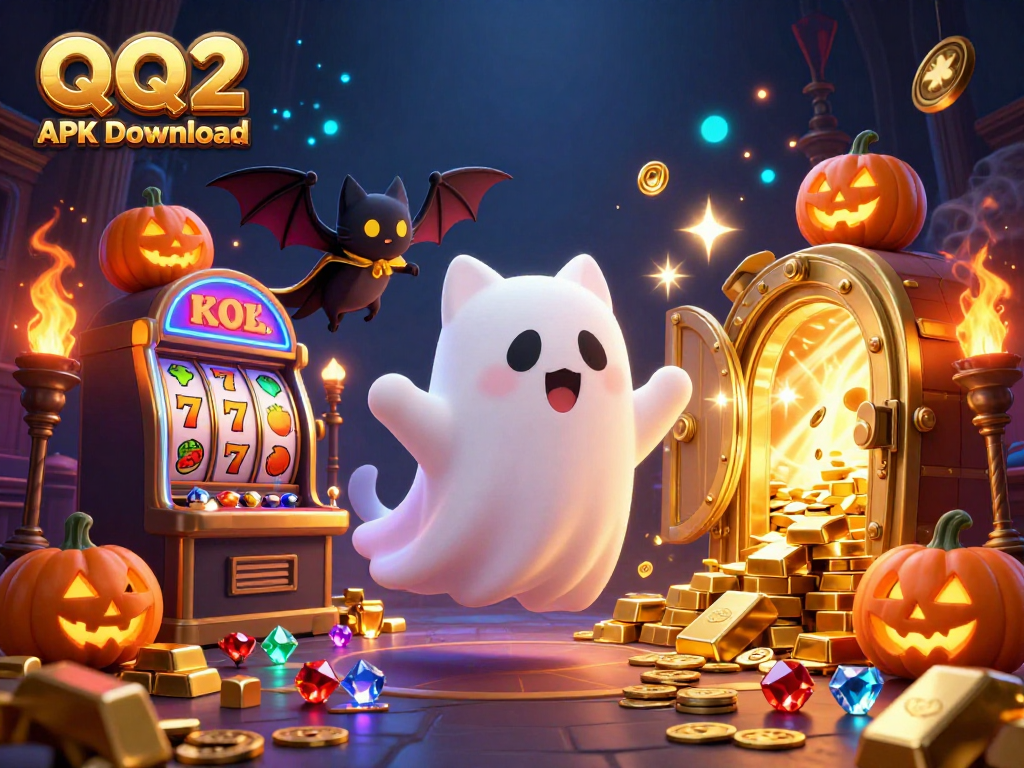 Engage with QQ2 APK Download in a vibrant casino scene featuring a ghost cat and treasure.