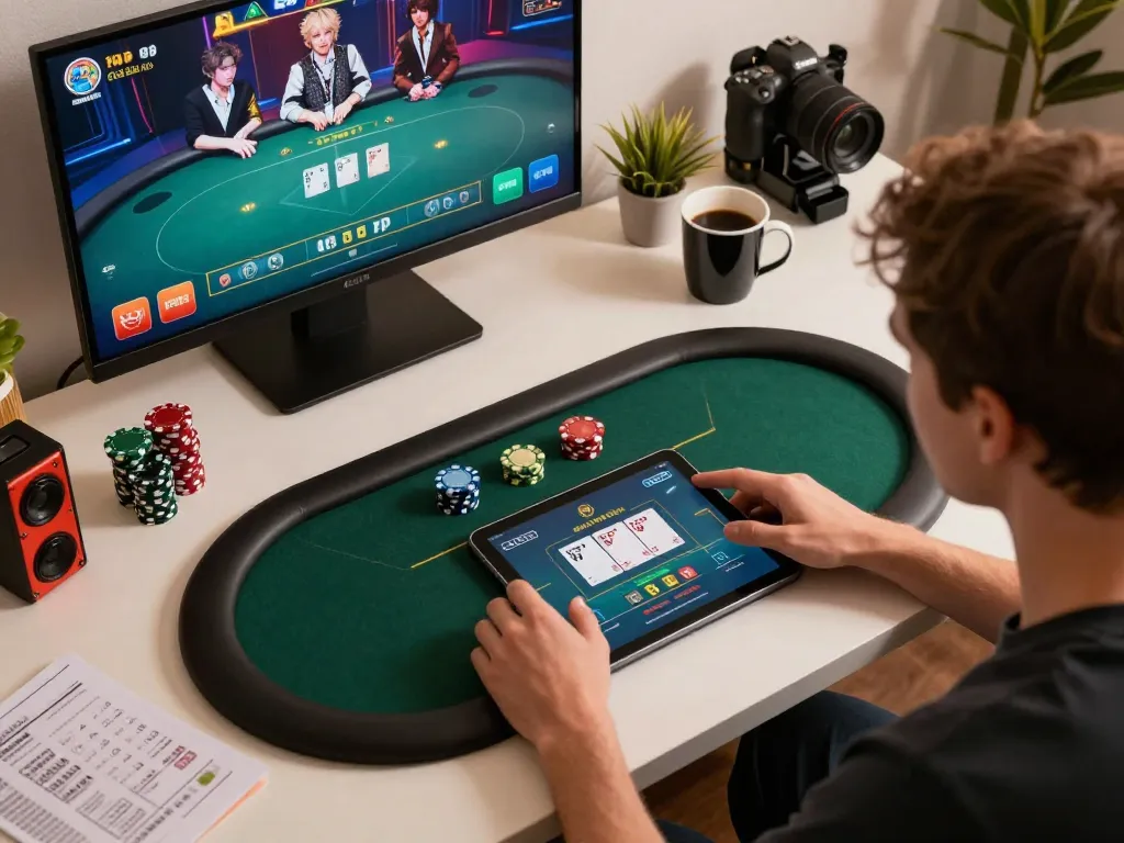 Engaging online poker gameplay experience on KDTOTO tablet with cozy workspace ambiance.