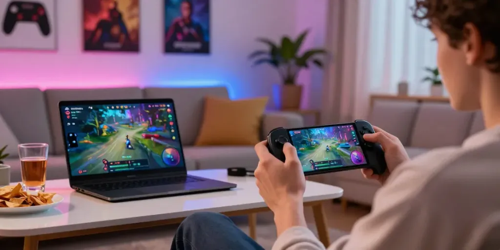 Engaged player using ORION88 mobile app in a cozy gaming setup